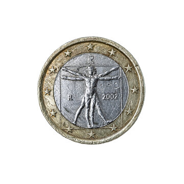 Heads side, obverse/national side of the Italy 2002 1 Euro coin features the Leonardo da Vinci's drawing, the Vitruvian Man  inscribed in a circle and square.The monogram RI and the mint mark R.