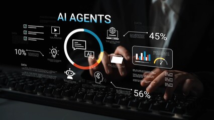 Futuristic interface showing AI agents analyzing data with various metrics and graphs in a business environment, emphasizing technology and innovation Gluon.
