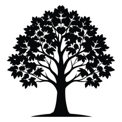 Fototapeta premium Single stylized oak tree with dense leaves presented in black silhouette format