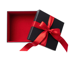 Elegant opened black gift box with red lining and a luxurious satin ribbon bow, Isolated on transparent background, png