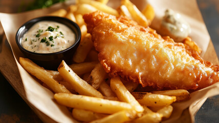Fish and chips with dipping sauce