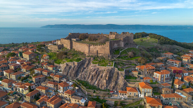 Traditional Greece. Lesvos island, view of town Molyvos (Mithymna) with old castle above