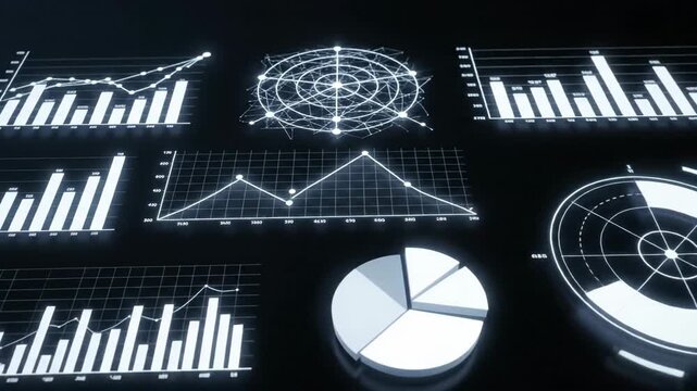 Abstract data visualization graphs with line and bar charts on dark backdrop