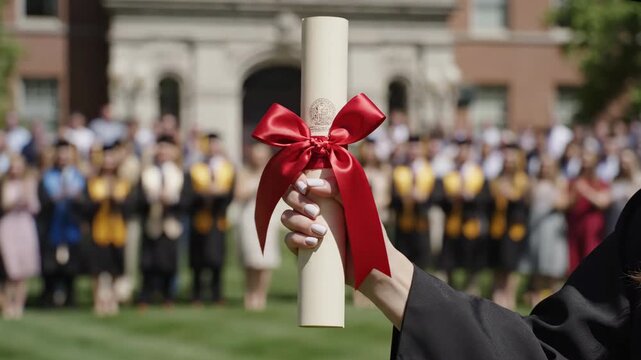 Close-up of a graduate holding a diploma with a red ribbon. Students celebrating in the background at a university graduation ceremony. Academic success and achievement concept