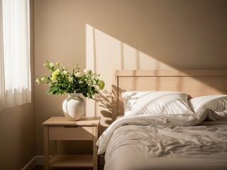 Fototapeta premium Cozy bedroom with a bed and a nightstand with a vase of flowers on it, bathed in warm sunlight