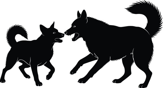 Two dogs fighting silhouette, aggressive animal confrontation scene, wild canine behavior concept, black and white vector illustration isolated