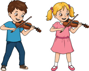Cute cartoon boy and girl playing violin together happy children musicians colorful flat vector illustration isolated on white background design © Nusaiba's World