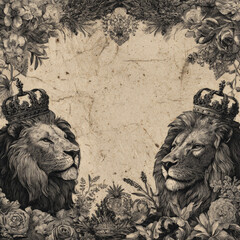 Majestic lion heads adorned with crowns form regal floral border frame, exuding elegance and power. intricate design features detailed flowers and foliage, creating vintage aesthetic