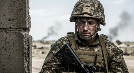 Naklejka premium Soldier in camouflage gear holding gun near concrete wall during conflict