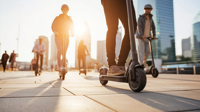 People riding electric scooters on a paved urban area with modern buildings. New technology for fast city transport