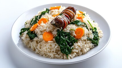 A flavorful sausage atop a bed of rice with vibrant spinach and carrots sits elegantly on a white plate, showcasing a balanced and delicious meal presentation.