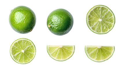 Set of Fresh green limes whole, half, and slices isolated on transparent background