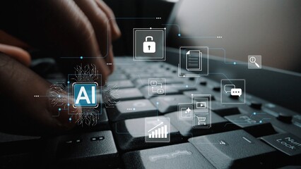 Close-up of Hands Typing on Keyboard with AI Icons and Digital Security Symbols Indicating Emerging Technology and Innovation in Data Processing Gluon.