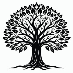 Striking black silhouette shows a big tree with leaves and expansive root system