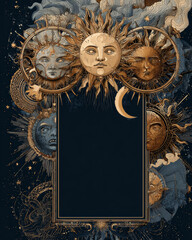 Celestial themed illustration features rigid border frame adorned with suns, moons, and stars. intricate design includes faces within celestial bodies, creating mystical and artistic atmosphere