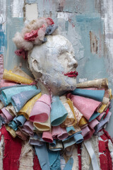 Rustic scarecrow with colorful circus ruff and textured face exudes whimsical charm against weathered backdrop. vibrant fabric layers add playful touch to scene