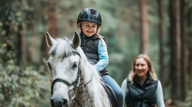 Young child happy riding a horse during an equestrian lesson outdoors, guided by an adult woman in a natural forest setting