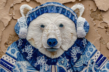 Bear wearing winter sweater and earmuffs is depicted textured, artistic style with blue and white patterns. background is rustic, earthy tone, adding contrast to bear vibrant attire.Bear winter