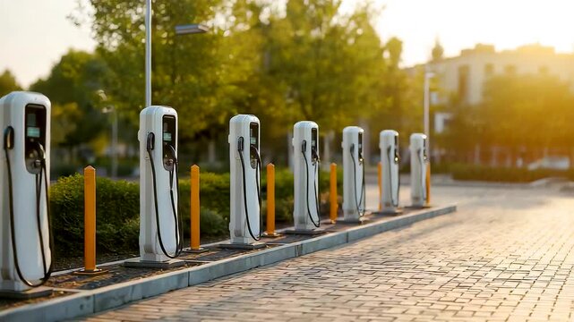 Row of electric vehicle charging stations along quiet urban street with cobblestone pavement trees and warm evening sunlight