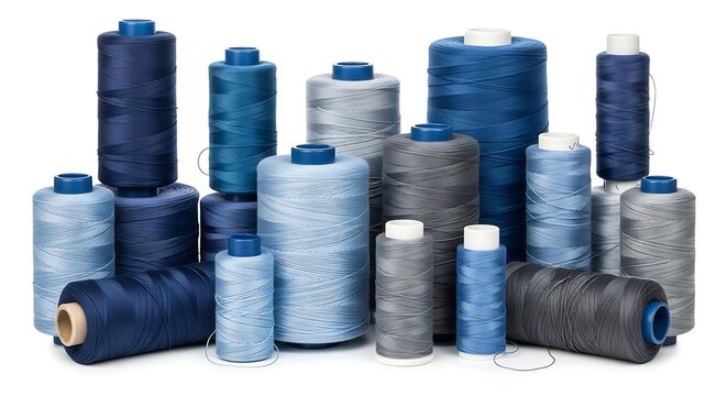 Blue and grey thread spools cut out isolated on white background With shadow. AI GENERATED.
