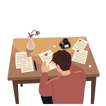 Man writing love letters at a wooden desk with papers and ink.