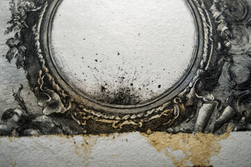 Ornate, vintage style oval vignette frame with intricate details and quill pens, ink pot, and scrolls on aged paper, evoking sense of history and artistry