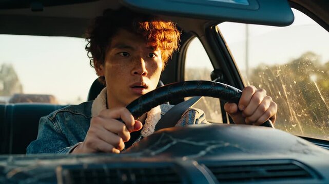 Shocked teenager drives car with fearful expression at sunset. Young driver grips steering wheel showing surprise. Teenager driving displays shocked face. Driver shows fear while driving car at