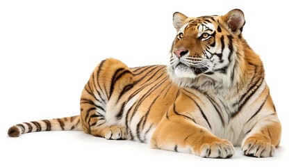 Obraz premium Tiger lying down cut out isolated on white background With shadow. AI GENERATED. 