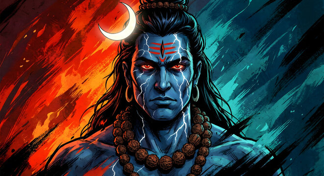Powerful Digital Illustration of Lord Shiva with Intense Red Eyes and Lightning Effects