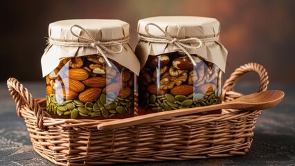 Delicious mixed nuts and seeds in rustic jars with wooden spoon