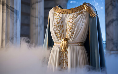 Ethereal ancient greek goddess gown with golden accents and flowing cape