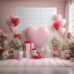 Romantic Hear Backdrop: Romantic Valentine's Day setup with heart balloons and flowers