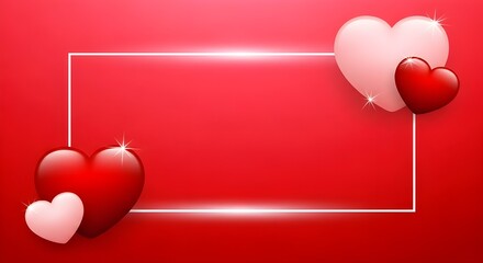 A vibrant red background showcases two pairs of glossy hearts framing a bright white rectangular space for text or design elements