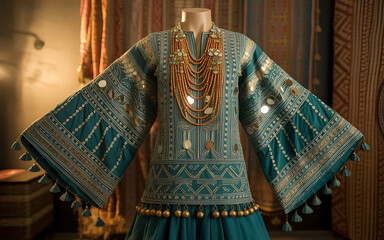 Vibrant teal and gold embroidered kimono style garment on mannequin