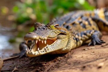 Fototapeta premium Close-Up of Calm and Alert Crocodile Relaxing by the Water's Edge