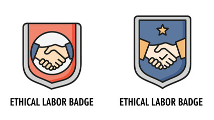 Professional vector badges depicting ethical labor standards, handshake agreements, and a commitment to fair business practices and responsible employment across various industries