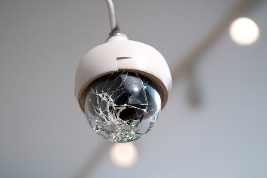 Broken Security Camera with Cracked Lens Hanging from Ceiling Fixture
