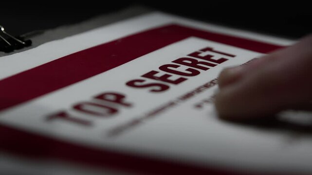 A paper folder of documents with a Top Secret cover page is handled under subdued lighting. Suggestive of spying, espionage, or cover-up.