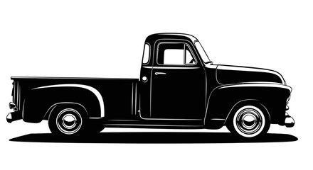 Vintage pickup truck silhouette illustration viewed from side on white background showcasing classic vehicle design and nostalgic truck style
