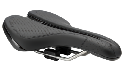 Ergonomic black bicycle saddle with perforated leather surface isolated with transparent background
