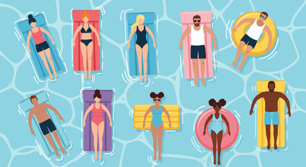 A vibrant aerial view of diverse people enjoying a summer day relaxing on inflatable pool floats on a bright blue water surface © Beny Qurdy