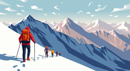 Obraz premium Group of hikers ascend a snow-covered mountain trail with trekking poles, enjoying a breathtaking vista of majestic peaks under a clear blue sky