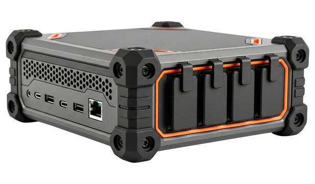Rugged industrial fanless computer with protected ports and fins isolated with transparent background
