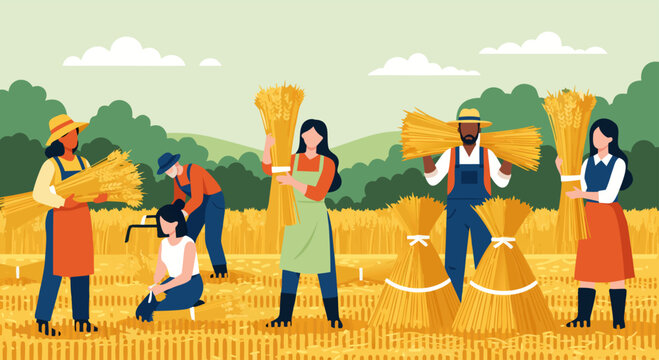 Farmers diligently harvesting wheat in a sun-drenched field, symbolizing agriculture and abundance