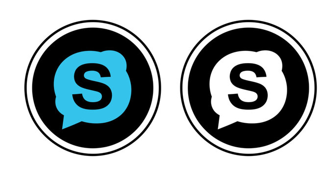 Skype logo icons with speech bubbles containing the letter S, one blue and one white, on black backgrounds, side by side, viewed directly from the front.