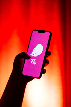 Kaliningrad, Russia - 12.11.2025. Woman holds smartphone showing Flo logo on screen. Woman health application