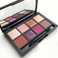 Open makeup palette with assorted eyeshadows and blushes
