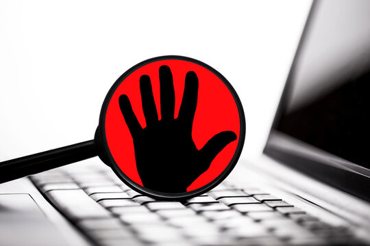 Stop internet access concept with red hand symbol. Online censorship and digital restriction warning. Cyber security control and blocked network communication concept background. - Powered by Adobe