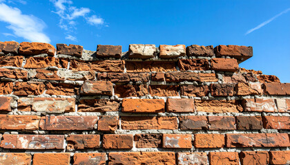 Obraz premium A weathered brick wall stands against a clear blue sky with a few clouds