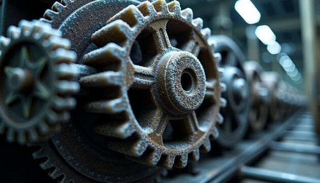 Frozen metal gears and cogs covered in frost and ice, economic stagnation concept